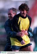 9 November 1996;  Republic of Ireland manager Mick McCarthy tackles Roy Keane during a squad training session at Lansdowne Road.  Soccer. Picture credit; Ray McManus/SPORTSFILE