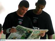 28 June 1994; Roy Keane and Phil Babb, Republic of Ireland, Look over the Celtic view newspaper. Soccer. Picture credit; David Maher/SPORTSFILE