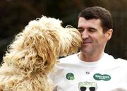 14 March 2006; Roy Keane, Glasgow Celtic, get a lick from &quot;Clive&quot;, a Golden Dodle, at the launch of the Irish Guide Dogs for the Blind / Specsavers Opticians 'SHADES 2006' Campaign. Radisson Hotel, Dublin. Picture credit: David Maher / SPORTSFILE