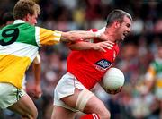 29 June 1997; David Reilly of Louth holds off the challenge of Ronan Mooney of Offaly during the Leinster GAA Senior Football Championship Semi-Final match between Offaly and Louth at Páirc Tailteann in Navan, Co Meath. Photo by Ray McManus/Sportsfile