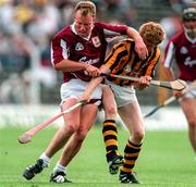 27 July 1997; Finbar Gantley of Galway in action against John Power of Kilkenny during the GAA All-Ireland Senior Hurling Championship Quarter-Final match between Kilkenny and Galway at Semple Stadium in Thurles, Tipperary. Photo by Ray McManus/Sportsfile