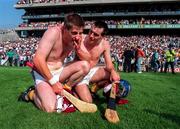 4 August 1996; Ger Cush, the Wexford fullback is &quot;comforted&quot; by his team mate Liam Dunne as he wipes a tear from his eye after their side had defeated Galway to qualify for the Guinness All Ireland Hurling Final following the All-Ireland Senior Hurling Championship Semi-Final match between Wexford and Galway at Croke Park in Dublin. Photo by Ray McManus/Sportsfile