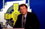 6 April 1996; Newly elected GAA President, Joe McDonagh speaking during the GAA Annual Congress 1996 at London in England. Photo by Ray McManus/Sportsfile