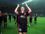 22 July 1998; Colin Hawkins of St. Patrick's Athletic applauds to the travelling supporters following the UEFA Champions League First Qualifying Round 1st Leg match between Celtic and St. Patrick's Athletic at Celtic Park in Glasgow, Scotland. Photo by Brendan Moran/Sportsfile