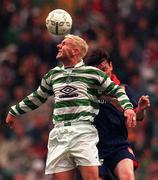 22 July 1998; Martin Russell of St. Patrick's Athletic in action against Craig Burley of Celtic during the UEFA Champions League First Qualifying Round 1st Leg match between Celtic and St. Patrick's Athletic at Celtic Park in Glasgow, Scotland. Photo by Brendan Moran/Sportsfile
