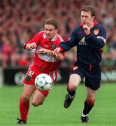 25 October 1998; Declan Daly of Cork City in action against Trevor Molloy of St. Patrick's Athletic during the Harp Lager League Cup Semi-Final match between Cork City and St. Patrick's Athletic at Turners Corss in Cork. Photo by David Maher/Sportsfile