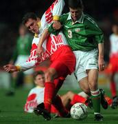 9 October 1996; Denis Irwin of Republic of Ireland during the FIFA World Cup 1998 Group 8 Qualifier between Republic of Ireland and Macedonia at Lansdowne Road in Dublin. Photo by Matt Browne/Sportsfile