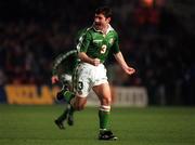 29 October 1997; Denis Irwin of Republic of Ireland celebrates after scoring his side's first goal during the FIFA World Cup 1998 Qualifier Play-off 1st Leg between Republic of Ireland and Belgium at Lansdowne Road in Dublin. Photo by David Maher/Sportsfile