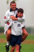 31 August 1998; Roy Keane and Denis Irwin during a Republic of Ireland Training Session in Clonshaugh in Dublin. Photo by David Maher/Sportsfile