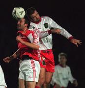 23 October 1998; Ian Gilzean of St. Patrick's Athletic in action against Derek Coughlan of Cork City during the Harp Lager National League Premier Division match between St. Patrick's Athletic and Cork City at Richmond Park in Dublin. Photo by Damien Eagers/Sportsfile