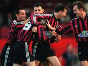 28 August 1998; Derek Swan, 9, of Bohemians celebrates after scoring his side's first goal, his 100th for the club, with team-mates, from left, Tommy Byrne, Tony O'Connor, Dobnal Broughan and Robbie Best during the Harp Lager National League Premier Division match between Bohemians and Finn Harps at Dalymount Park in Dublin. Photo by Ray McManus/Sportsfile