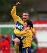 26 October 1998; Derek Swan of Bohemians celebrates after scoring his side's first goal with team-mates Graham O'Hanlon, right, during the Harp Lager National League Premier Division match between Shelbourne and Bohemians at Tolka Park in Dublin. Photo by Ray McManus/Sportsfile