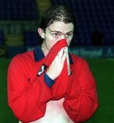 22 July 1998; Dessie Baker of Shelbourne reacts following the UEFA Cup First Qualifying Round 2nd Leg between Shelbourne and Rangers at Prenton Park in Birkenhead, Liverpool. Photo by Damien Eagers/Sportsfile