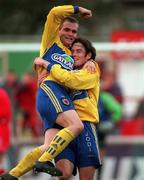 26 October 1998; Derek Swan of Bohemians celebrates after scoring his side's first goal with team-mate Graham O'Hanlon, right, during the Harp Lager National League Premier Division match between Shelbourne and Bohemians at Tolka Park in Dublin. Photo by Ray McManus/Sportsfile