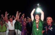26 July 1998; Republic of Ireland captain Alan Quinn lifts the cup following the UEFA European Under-18 Championship Final between Germany and Republic of Ireland at GSZ Stadium in Larnaca, Cyprus. Photo by David Maher/Sportsfile