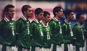 5 October 1998; Republic of Ireland players, from left, Peter Murphy, Colin Healy, Graham Barrett, Richie Partridge, Conor O'Grady, Shaun Byrne and Gerry Crossley stand for the National Anthem ahead of the UEFA U18 European Championship Qualifier match between Republic of Ireland and Croatia at Tolka Park in Dublin. Photo by Damien Eagers/Sportsfile