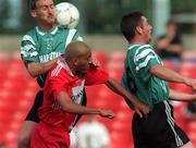 30 August 1998; Jason Kabia of Cork City in action against Bo McKeever, left, and Greg O'Halloran of Bray Wanderers during the Harp Lager National League Premier Division match between Bray Wanderers and Cork City at the Carlisle Grounds in Bray, Wicklow. Photo by David Maher/Sportsfile