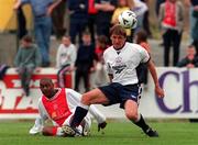 25 July 1998; Jimmy Phillips of Bolton Wanderers in action against Leon Braithwaite of St. Patrick's Athletic during the Club Friendly between St. Patrick's Athletic and Bolton Wanderers at Richmond Park in Dublin. Photo by Brendan Moran/Sportsfile