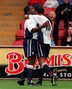 25 July 1998; Dean Holdsworth of Bolton Wanderers celebrates after scoring his side's first goal with team-mate Nathan Blake during the Club Friendly between St. Patrick's Athletic and Bolton Wanderers at Richmond Park in Dublin. Photo by Brendan Moran/Sportsfile