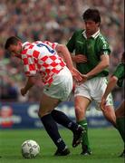 2 June 1996; Niall Quinn of Republic of Ireland in action against Mario Stanic of Croatia during the International Friendly between Republic of Ireland and Croatia at Lansdowne Road in Dublin. Photo by Brendan Moran/Sportsfile