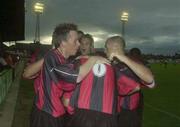 23 July 2003; Stephen Caffrey, back to camera, Bohemians, celebrates after scoring his sides first goal with team-mates Bobby Ryan and Glen Crowe. Champions League Qualifier, 2nd Leg. Bohemians v Bate Borisov. Dalymount Park, Dublin. Picture credit; David Maher / SPORTSFILE *EDI*