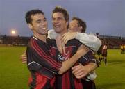 23 July 2003; Bohemian players Damien Lynch, left,  Robbie Doyle and Bobby Ryan, right, celebrate at the end of the game. Champions League Qualifier, 2nd Leg. Bohemians v Bate Borisov. Dalymount Park, Dublin. Picture credit; David Maher / SPORTSFILE *EDI*