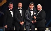 3 November 2017; Dublin footballer Con O'Callaghan is presented with his PwC All Star award from Uachtarán Chumann Lúthchleas Gael Aogán Ó Fearghail, in the company of Feargal O'Rourke, left, Managing Partner, PwC, and David Collins, GPA President during the PwC All Stars 2017 at the Convention Centre in Dublin. Photo by Brendan Moran/Sportsfile
