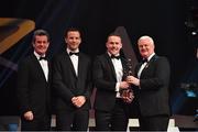 3 November 2017; Mayo footballer Andy Moran is presented with his PwC All Star award from Uachtarán Chumann Lúthchleas Gael Aogán Ó Fearghail, in the company of Feargal O'Rourke, left, Managing Partner, PwC, and David Collins, GPA President during the PwC All Stars 2017 at the Convention Centre in Dublin. Photo by Brendan Moran/Sportsfile