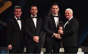 3 November 2017; Dublin footballer Dean Rock is presented with his PwC All Star award from Uachtarán Chumann Lúthchleas Gael Aogán Ó Fearghail, in the company of Feargal O'Rourke, left, Managing Partner, PwC, and David Collins, GPA President during the PwC All Stars 2017 at the Convention Centre in Dublin. Photo by Brendan Moran/Sportsfile