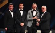 3 November 2017; Dublin footballer Paul Mannion is presented with his PwC All Star award from Uachtarán Chumann Lúthchleas Gael Aogán Ó Fearghail, in the company of Feargal O'Rourke, left, Managing Partner, PwC, and David Collins, GPA President during the PwC All Stars 2017 at the Convention Centre in Dublin. Photo by Brendan Moran/Sportsfile