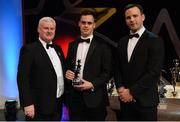3 November 2017; Lancashire hurler Ronan Crowley is presented with his Lory Meagher Champion 15 award by Uachtarán Chumann Lúthchleas Gael Aogán Ó Fearghail, left, and David Collins, GPA President, during the PwC All Stars 2017 at the Convention Centre in Dublin. Photo by Piaras Ó Mídheach/Sportsfile