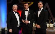 3 November 2017; Lancashire hurler Nathan Unwin is presented with his Lory Meagher Champion 15 award by Uachtarán Chumann Lúthchleas Gael Aogán Ó Fearghail, left, and David Collins, GPA President, during the PwC All Stars 2017 at the Convention Centre in Dublin. Photo by Piaras Ó Mídheach/Sportsfile