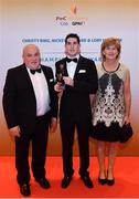 3 November 2017; Monaghan hurler Donal Meegan with his parents Pete and Philomena Meegan after collecting his Nickey Rackard Champion 15 Award during the PwC All Stars 2017 at the Convention Centre in Dublin. Photo by Sam Barnes/Sportsfile