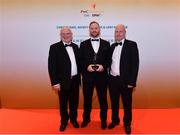3 November 2017; Armagh hurler Nathan Curry with his uncle, Eamonn Curry, left, and his father Martin Curry after collecting his Nickey Rackard Champion 15 Award during the PwC All Stars 2017 at the Convention Centre in Dublin. Photo by Sam Barnes/Sportsfile