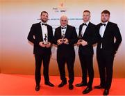 3 November 2017; Leitrim hurlers, Liam Moreton, left, and Conor Byrne, with Martin Cunniffe, whol collected the award on behalf of his son Clement Cunniffe, and Adam Byrne, far right, after collecting their Lory Meagher Champion 15 Award during the PwC All Stars 2017 at the Convention Centre in Dublin. Photo by Sam Barnes/Sportsfile
