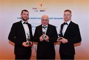 3 November 2017; Leitrim hurlers, Liam Moreton, left, and Conor Byrne, with Martin Cunniffe, whol collected the award on behalf of his son Clement Cunniffe, after collecting their Lory Meagher Champion 15 Award during the PwC All Stars 2017 at the Convention Centre in Dublin. Photo by Sam Barnes/Sportsfile