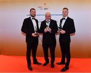 3 November 2017; Leitrim hurlers, Liam Moreton, left, and Conor Byrne, with Martin Cunniffe, whol collected the award on behalf of his son Clement Cunniffe, after collecting their Lory Meagher Champion 15 Award during the PwC All Stars 2017 at the Convention Centre in Dublin. Photo by Sam Barnes/Sportsfile