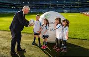 4 November 2017; In attendance at the GAA Healthy Clubs Recognition Event, supported by Irish Life, which saw 58 GAA clubs recognised as the first official ‘Healthy Clubs’ on the island of Ireland is Uachtarán Chumann Lúthchleas Gael Aogán Ó Fearghail with, from left, Conor McDonald, age 6, Méabh McDonald, age 4, Alannah Lalor, age 5, and Aoibhe Lalor age 7, all from the St Colmcilles Healthy Club in Meath. The GAA’s Healthy Clubs Project hopes to transform GAA clubs nationally into hubs for community health and wellbeing. As part of the programme, each club is trained to deliver advice and information programmes on a variety of different topics including, physical activity; emotional wellbeing; healthy eating; community development, to name but a few. For more information, visit: www.gaa.ie/community. Croke Park, Dublin. Photo by Piaras Ó Mídheach/Sportsfile