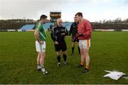 4 November 2017; Referee Marty Duffy with Mohill captain Daniel Beck, left, and Eoghan O’Reilly of Castlebar Mitchels during the coin toss prior to the AIB Connacht GAA Football Senior Club Championship Quarter-Final match between Castlebar Mitchels and Mohill at Elvery's MacHale Park in Castlebar, Co Mayo. Photo by Seb Daly/Sportsfile