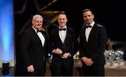 3 November 2017; Louth hurler Mike Lyons is presented with his Nicky Rackard Champion 15 award by Uachtarán Chumann Lúthchleas Gael Aogán Ó Fearghail, left, and David Collins, GPA President, during the PwC All Stars 2017 at the Convention Centre in Dublin.