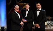 3 November 2017; Longford hurler Seamus Hannon is presented with his Nicky Rackard Champion 15 award by Uachtarán Chumann Lúthchleas Gael Aogán Ó Fearghail, left, and David Collins, GPA President, during the PwC All Stars 2017 at the Convention Centre in Dublin.