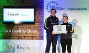 4 November 2017; Kelly Marie Rodgers, representing Naomh Muire Kincasslagh, Co Donegal, is presented with the Official Healthy Club Award by Seán Cavanagh, Healthy Clubs Ambassador and former Tyrone Footballer. The special ceremony held in Croke Park saw 58 GAA clubs recognised as the first official ‘Healthy Clubs’ on the island of Ireland. The GAA’s Healthy Clubs Project hopes to transform GAA clubs nationally into hubs for community health and wellbeing. As part of the programme, each club is trained to deliver advice and information programmes on a variety of different topics including, physical activity; emotional wellbeing; healthy eating; community development, to name but a few. For more information, visit: www.gaa.ie/community. Croke Park, Dublin. Photo by Piaras Ó Mídheach/Sportsfile