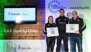 4 November 2017; Antrim representatives Marie Anne Forrester, St Mary's GAC Rasharkin, and Terry Hasson, representing St Joseph's GAC, with their Official Healthy Club awards alongside Seán Cavanagh, Healthy Clubs Ambassador and former Tyrone footballer. The GAA Healthy Clubs Recognition Event, supported by Irish Life, saw 58 GAA clubs recognised as the first official ‘Healthy Clubs’ on the island of Ireland. The GAA’s Healthy Clubs Project hopes to transform GAA clubs nationally into hubs for community health and wellbeing. As part of the programme, each club is trained to deliver advice and information programmes on a variety of different topics including, physical activity; emotional wellbeing; healthy eating; community development, to name but a few. For more information, visit: www.gaa.ie/community. Croke Park, Dublin. Photo by Piaras Ó Mídheach/Sportsfile