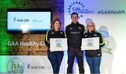 4 November 2017; Fermanagh representatives Jacqueline Magee, left, Derrygonnelly Harps GFC, and Ciara Hughes, Erne Gaels Belleek, with their Official Healthy Club awards alongside Seán Cavanagh, Healthy Clubs Ambassador and former Tyrone footballer. The GAA Healthy Clubs Recognition Event, supported by Irish Life, saw 58 GAA clubs recognised as the first official ‘Healthy Clubs’ on the island of Ireland. The GAA’s Healthy Clubs Project hopes to transform GAA clubs nationally into hubs for community health and wellbeing. As part of the programme, each club is trained to deliver advice and information programmes on a variety of different topics including, physical activity; emotional wellbeing; healthy eating; community development, to name but a few. For more information, visit: www.gaa.ie/community. Croke Park, Dublin. Photo by Piaras Ó Mídheach/Sportsfile