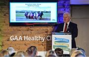 4 November 2017; Uachtarán Chumann Lúthchleas Gael Aogán Ó Fearghail speaking at the GAA Healthy Clubs Recognition Event, supported by Irish Life, which saw 58 GAA clubs recognised as the first official ‘Healthy Clubs’ on the island of Ireland. The GAA’s Healthy Clubs Project hopes to transform GAA clubs nationally into hubs for community health and wellbeing. As part of the programme, each club is trained to deliver advice and information programmes on a variety of different topics including, physical activity; emotional wellbeing; healthy eating; community development, to name but a few. For more information, visit: www.gaa.ie/community. Croke Park, Dublin. Photo by Piaras Ó Mídheach/Sportsfile