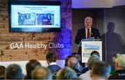 4 November 2017; Uachtarán Chumann Lúthchleas Gael Aogán Ó Fearghail speaking at the GAA Healthy Clubs Recognition Event, supported by Irish Life, which saw 58 GAA clubs recognised as the first official ‘Healthy Clubs’ on the island of Ireland. The GAA’s Healthy Clubs Project hopes to transform GAA clubs nationally into hubs for community health and wellbeing. As part of the programme, each club is trained to deliver advice and information programmes on a variety of different topics including, physical activity; emotional wellbeing; healthy eating; community development, to name but a few. For more information, visit: www.gaa.ie/community. Croke Park, Dublin. Photo by Piaras Ó Mídheach/Sportsfile