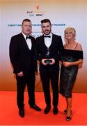 3 November 2017; Donegal hurler Davin Flynn with Aidan and Mandy Flynn after collecting his Nickey Rackard Champion 15 Award during the PwC All Stars 2017 at the Convention Centre in Dublin. Photo by Sam Barnes/Sportsfile