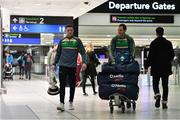 5 November 2017; Ireland vice captain Conor McManus, left, and team-mate Michael Murphy with the Cormac McAnallen Cup at Dublin Airport in Dublin prior to departure for Melbourne ahead of the Virgin Australia International Rules Series in Australia. Photo by Brendan Moran/Sportsfile