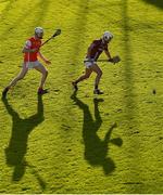 5 November 2017; Conor Doheny, right, of Dicksboro and Colm Cronin of Cuala compete for possession during the AIB Leinster GAA Hurling Senior Club Championship Quarter-Final match between Cuala and Dicksboro at Parnell Park in Dublin. Photo by Brendan Moran/Sportsfile