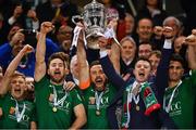 5 November 2017; Cork City captain Alan Bennett lifts the Irish Daily Mail FAI Senior Challenge Cup following the Irish Daily Mail FAI Senior Cup Final match between Cork City and Dundalk at Aviva Stadium in Dublin. Photo by Ramsey Cardy/Sportsfile